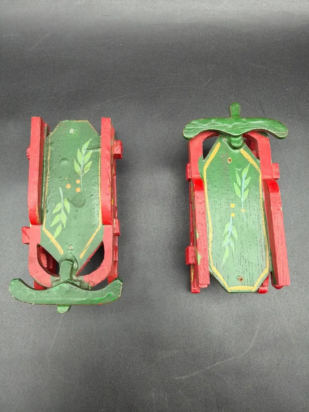 Vintage Miniature Wood Sled Christmas Ornaments Pair Hand Painted Red Green 4”